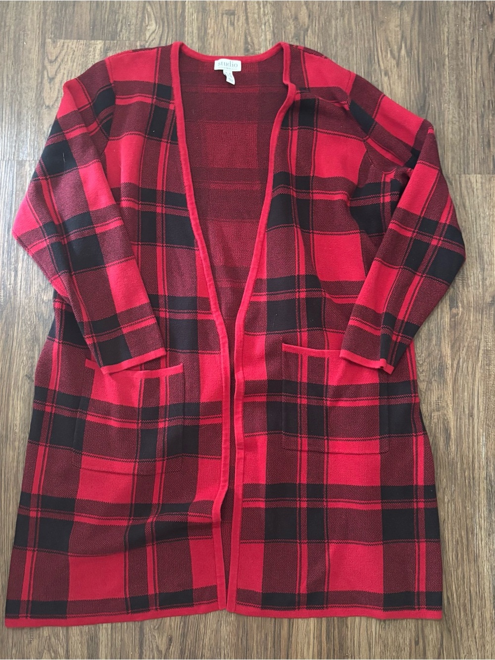 Studio by D&Co 2X Red Black Buffalo Plaid Longline Cardigan Sweater
